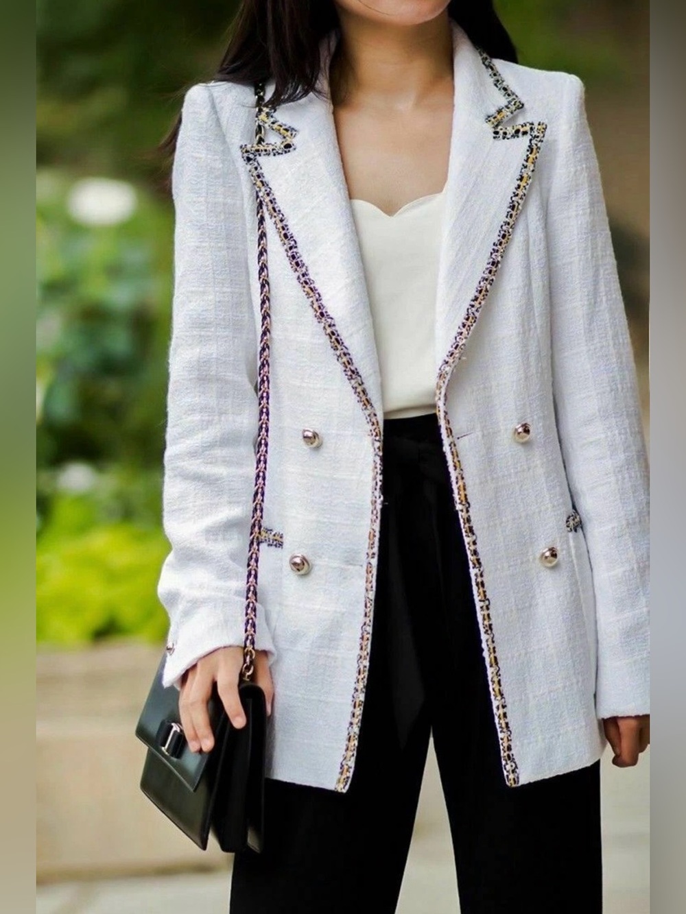 Zara White Tweed Double-Breasted Blazer with Multicolor Trim - Picture 7 of 13